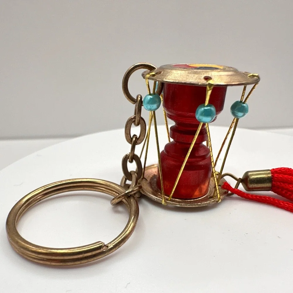 Vintage 90s Korean Janggu Drum Keychain Red Tassel Blue Bead Traditional Style